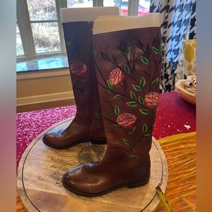 Ginni Bini real chocolate leather knee high boots embroidered red roses s 7.5
